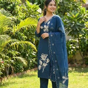 navy blue embroidered cotton suit set with dupatta size m