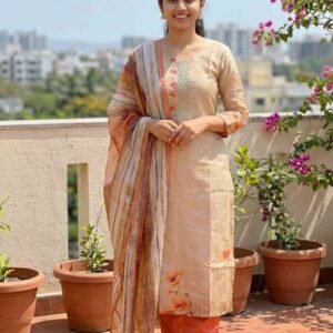 Beige Floral Printed Straight Suit Set with Coral Bottom & Dupatta - Size M