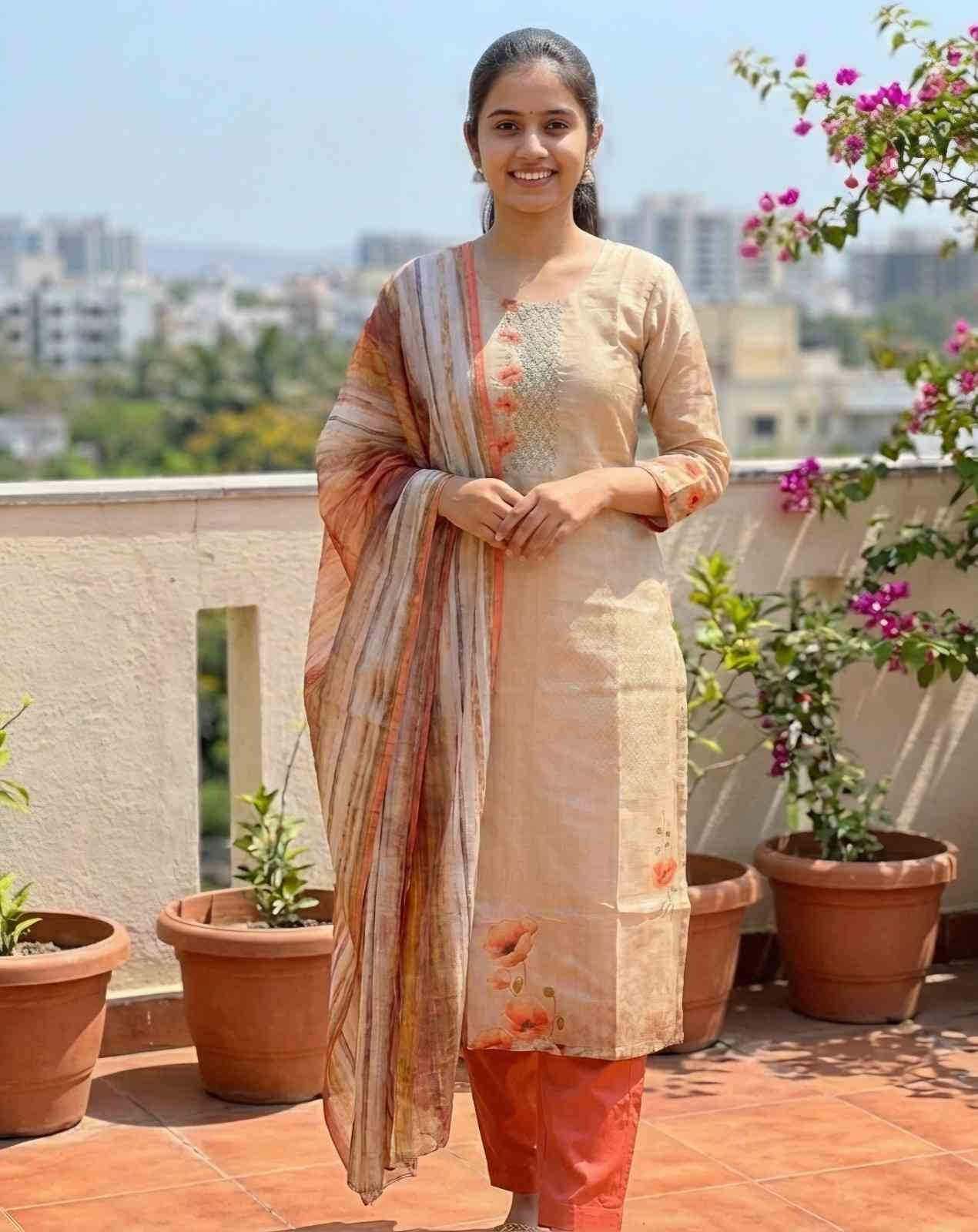 navy blue embroidered cotton suit set with dupatta size m (copy) Beige Floral Printed Straight Suit Set with Coral Bottom & Dupatta - Size M