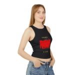 racer women's crop tank top — red grunge bar graphic crop with 'vibes' text