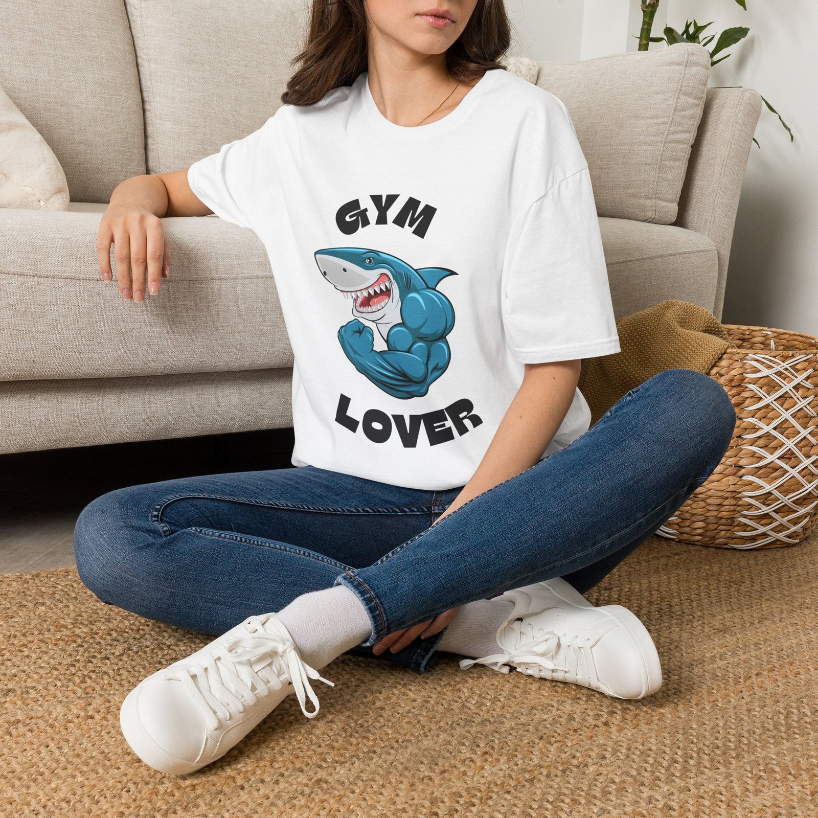 gym lover unisex t‑shirt — funny muscular shark gym workout tee