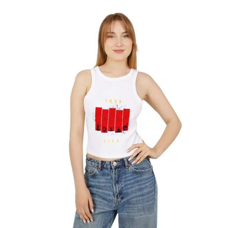 racer women's crop tank top — red grunge bar graphic crop with 'vibes' text