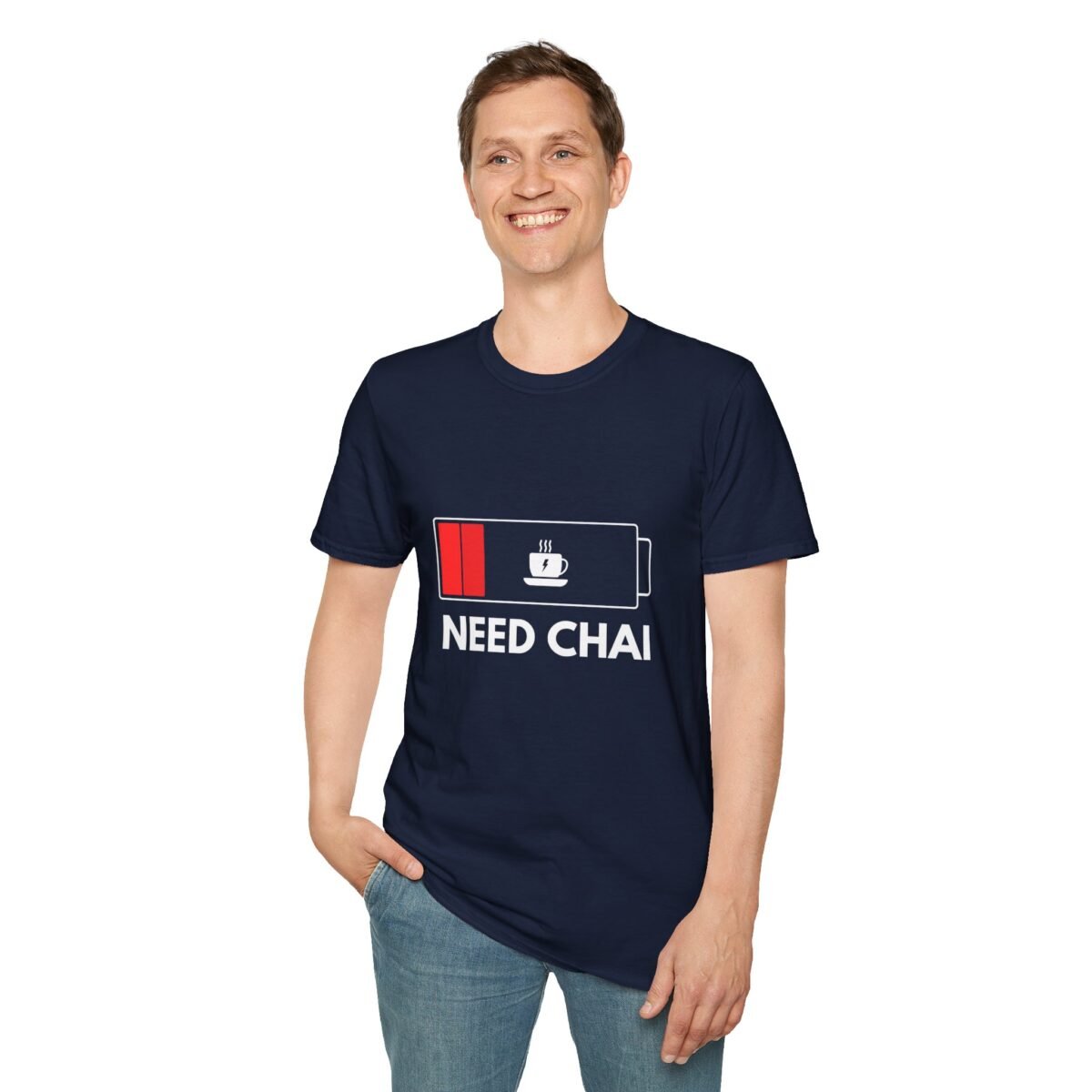 low battery coffee tee — "need chai" graphic unisex t shirt