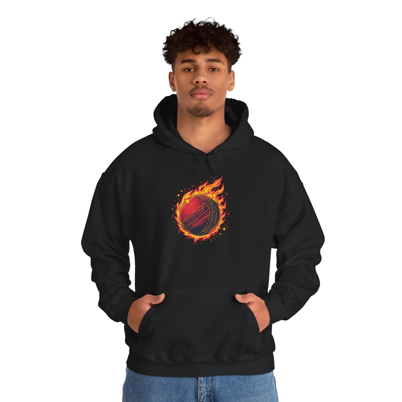 flaming cricket ball unisex hoodie — fire sports graphic sweatshirt
