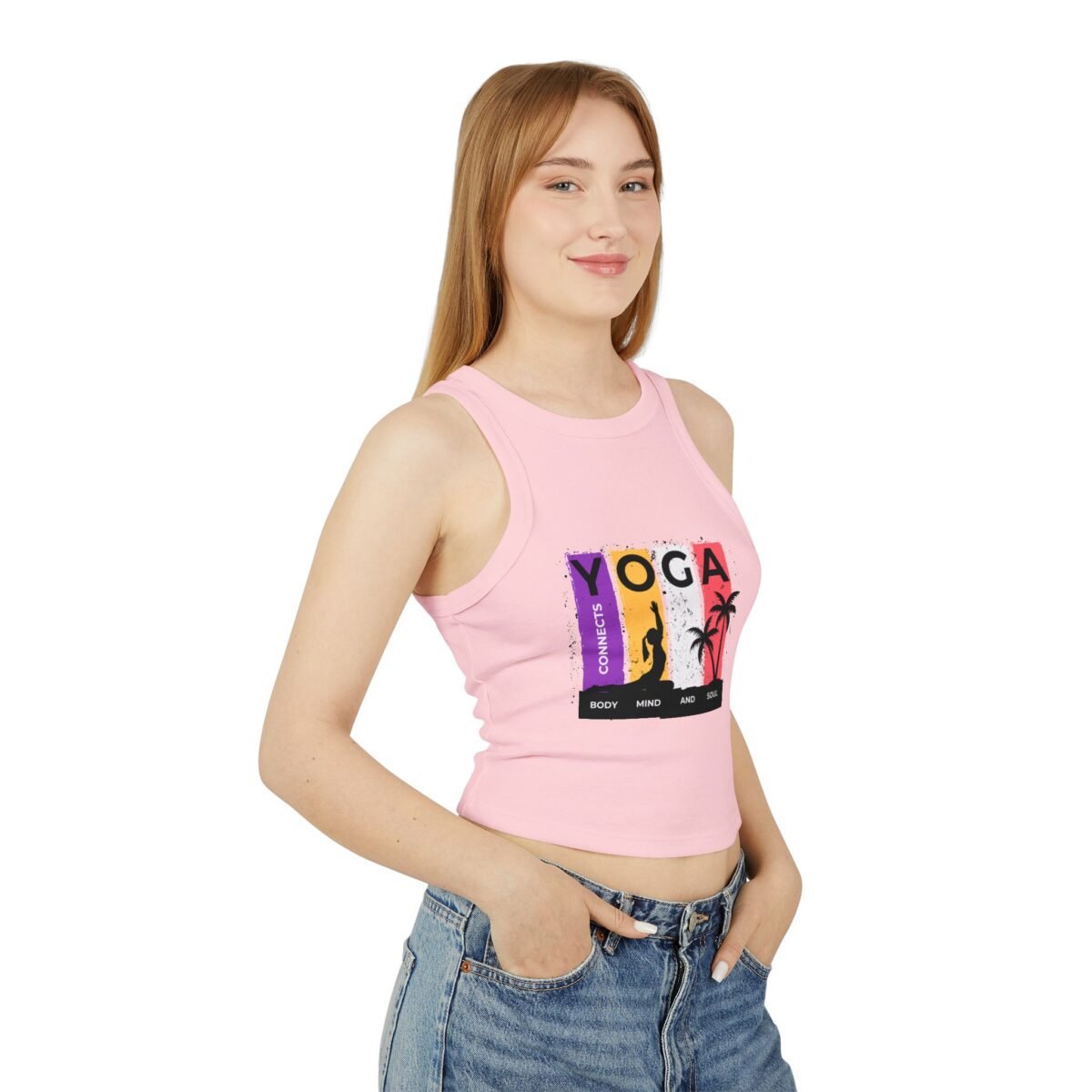 yoga racer women crop tank top — "connects body mind and soul" graphic