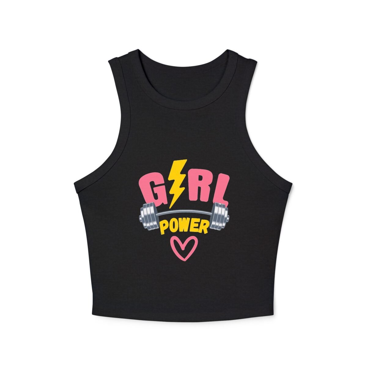 girl power racer wome's tank crop top — women's fitness crop with dumbbell & lightning design