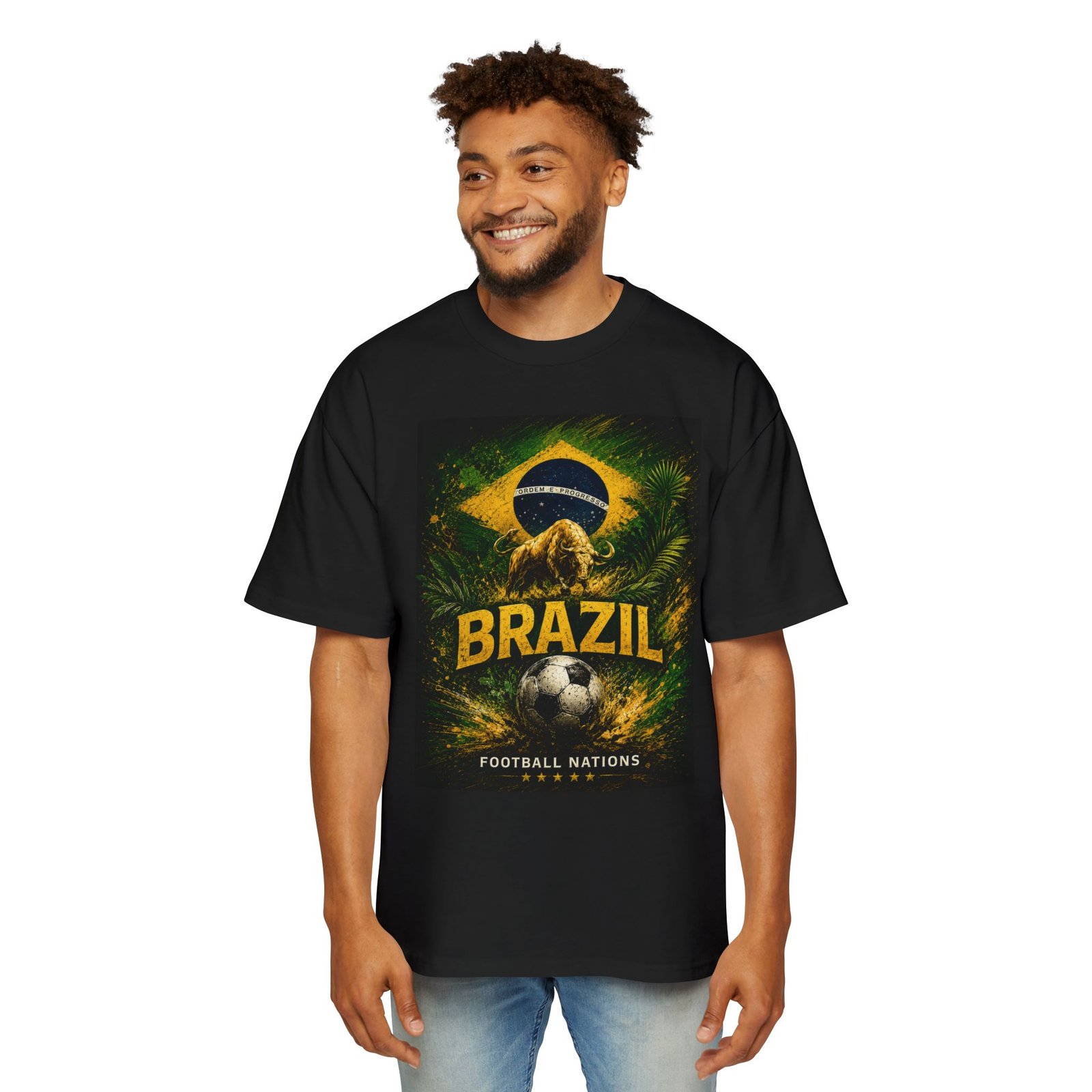 brazil football men's oversized t shirt — brazil soccer tee with flag & ball design