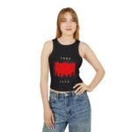 racer women's crop tank top — red grunge bar graphic crop with 'vibes' text