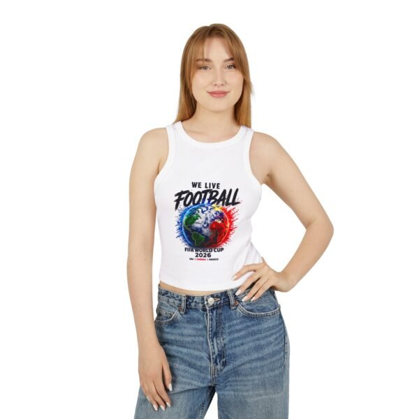 football world cup racer crop tank top — "we live football" 2026 fan crop