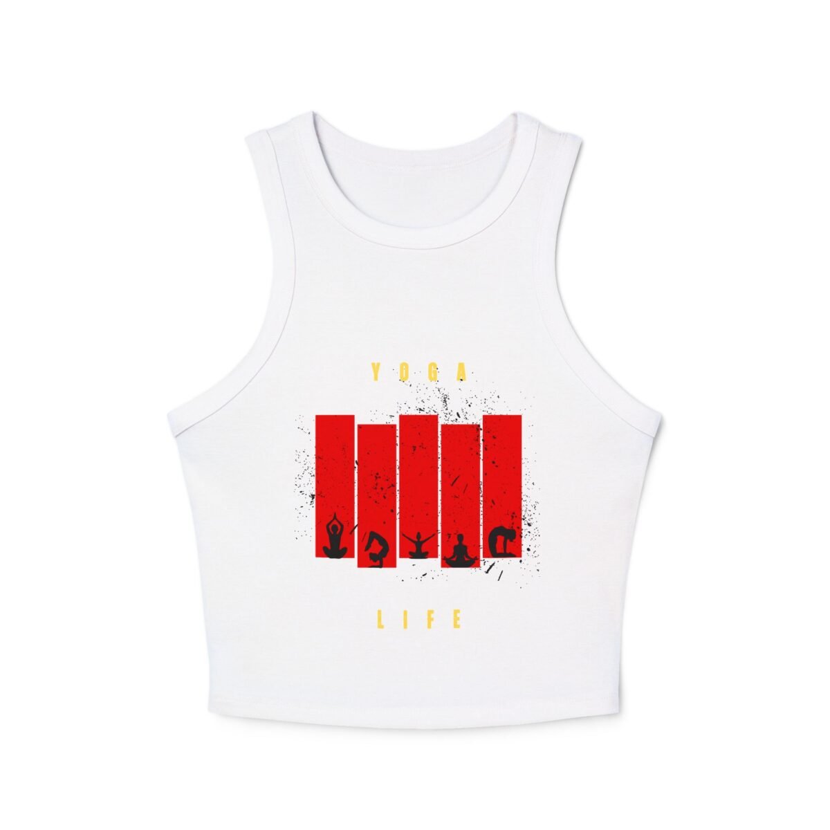 racer women's crop tank top — red grunge bar graphic crop with 'vibes' text