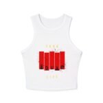 racer women's crop tank top — red grunge bar graphic crop with 'vibes' text