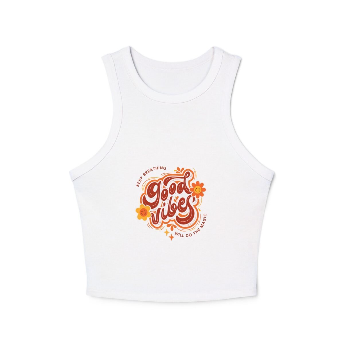 good vibes racer crop tank top — retro floral graphic crop