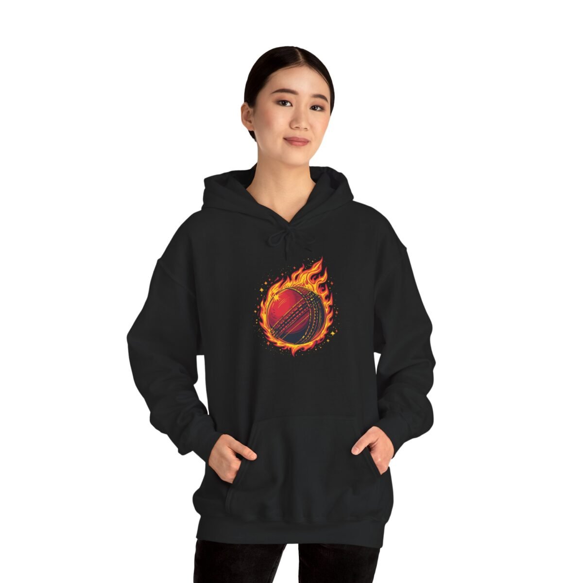 flaming cricket ball unisex hoodie — fire sports graphic sweatshirt