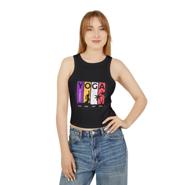 yoga racer women crop tank top — "connects body mind and soul" graphic