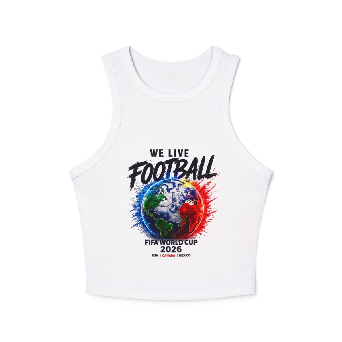 football world cup racer crop tank top — "we live football" 2026 fan crop