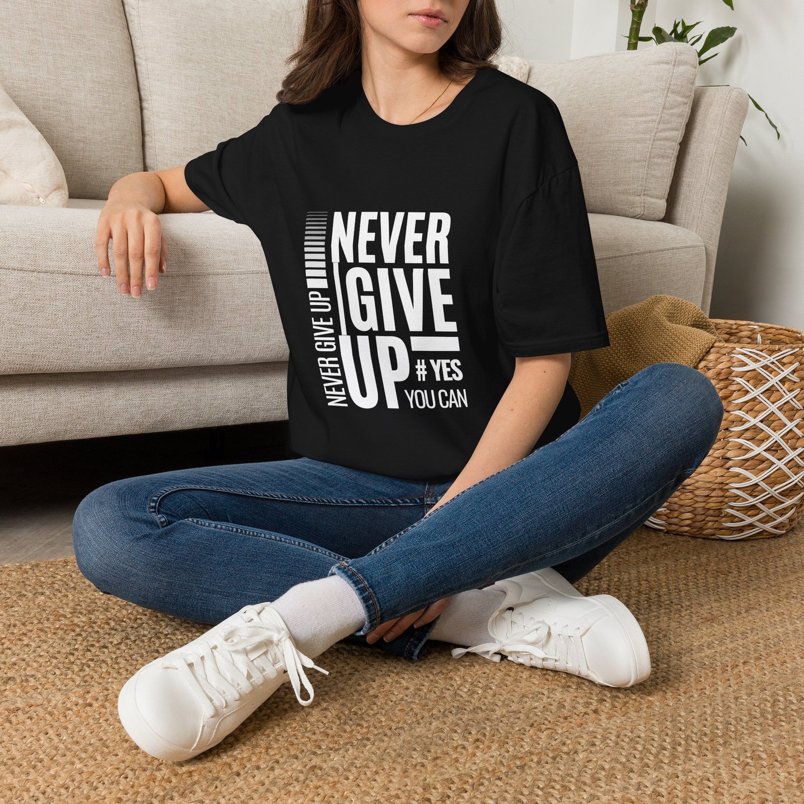 never give up unisex t shirt — motivational graphic tee ("never give up #yes you can")