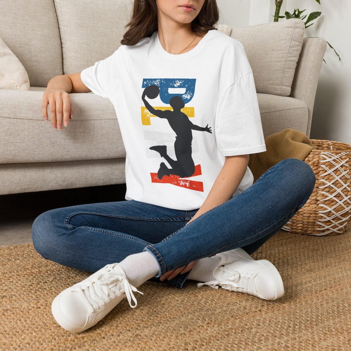 basketball silhouette unisex t shirt — retro block letter dunk design