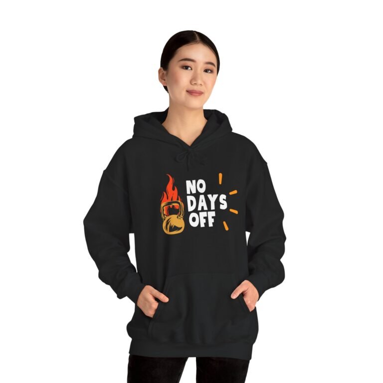 no days off unisex hoodie — motivational fitness pullover with flaming kettlebell