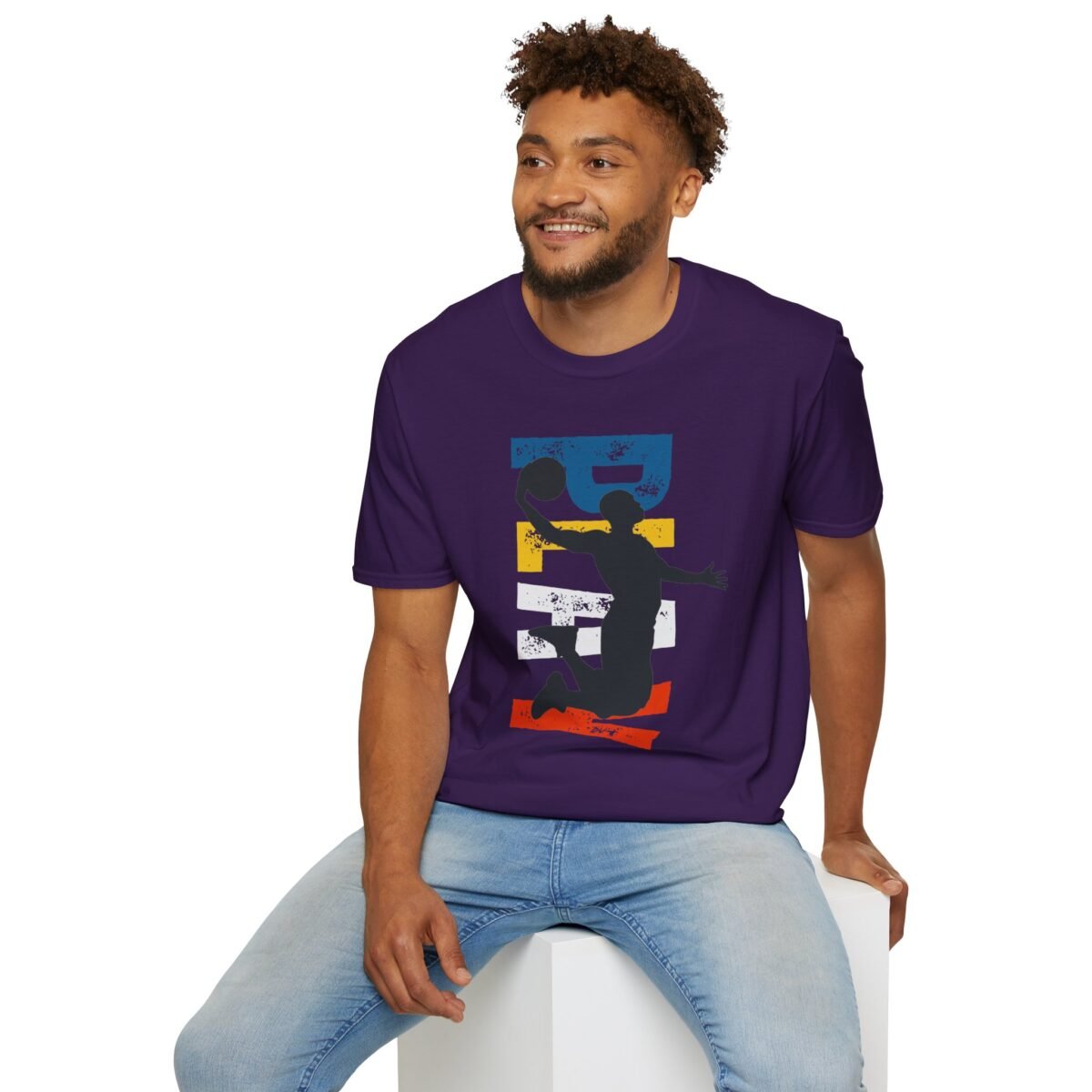 basketball silhouette unisex t shirt — retro block letter dunk design