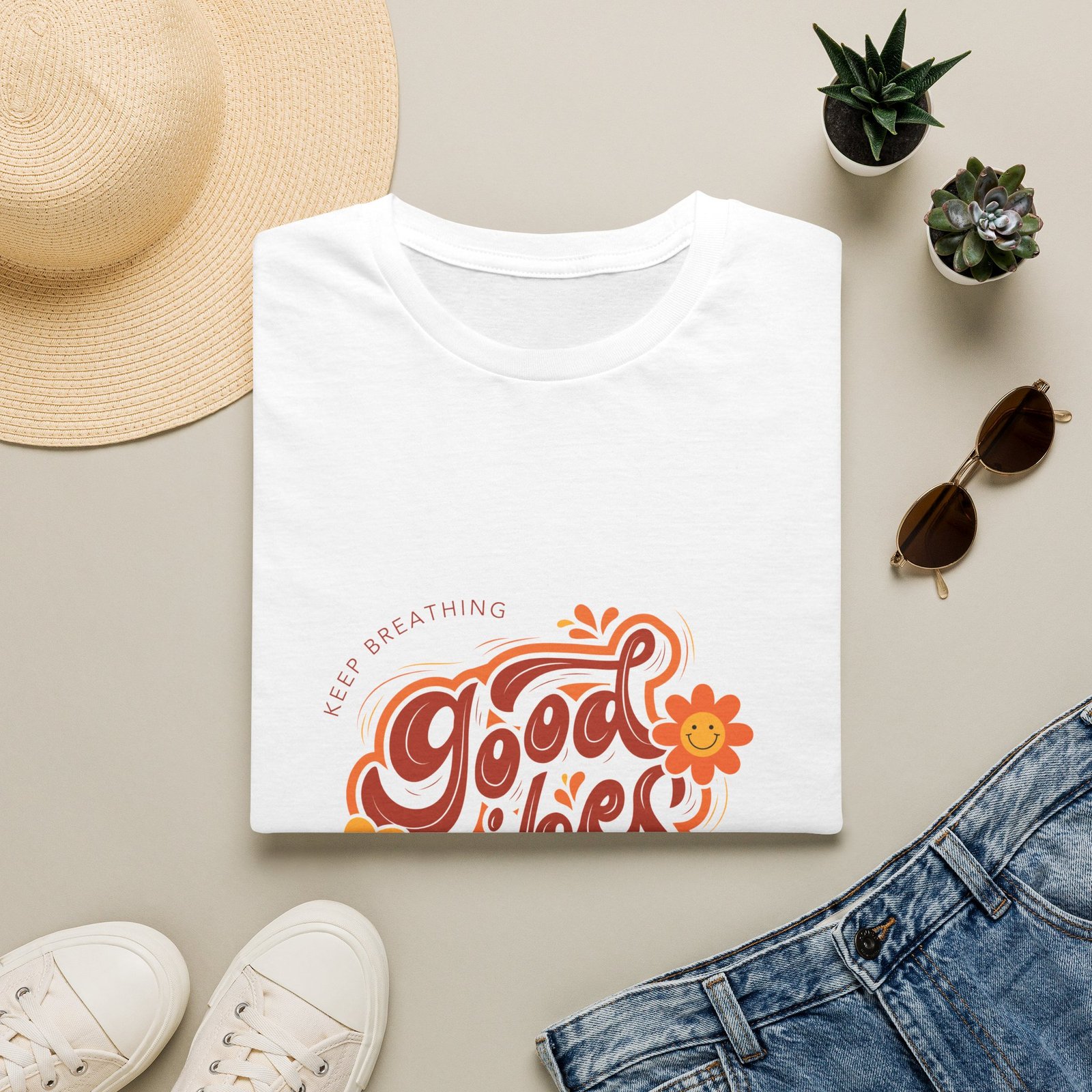 good vibes unisex t shirt — retro floral "keep breathing" graphic tee