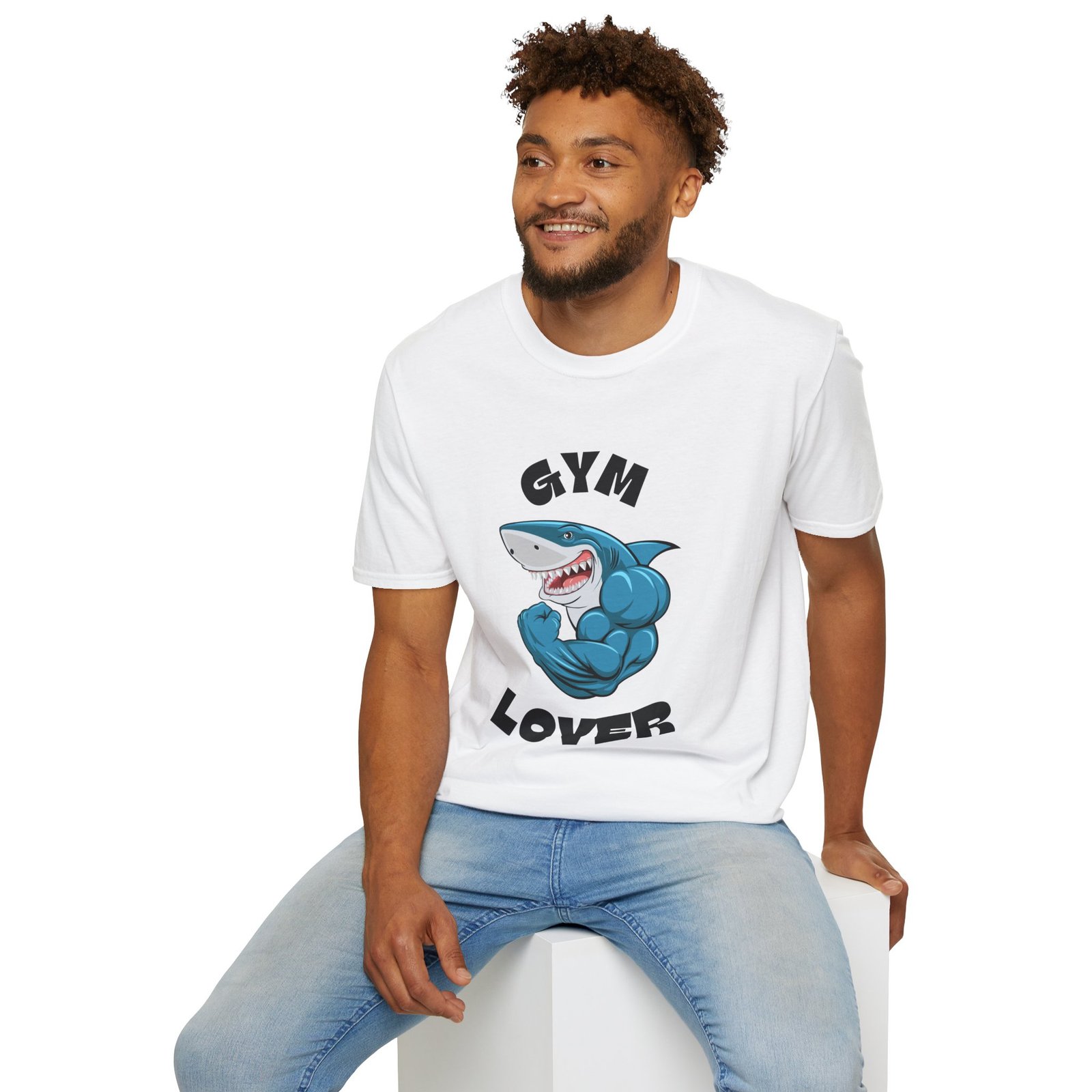 gym lover unisex t‑shirt — funny muscular shark gym workout tee