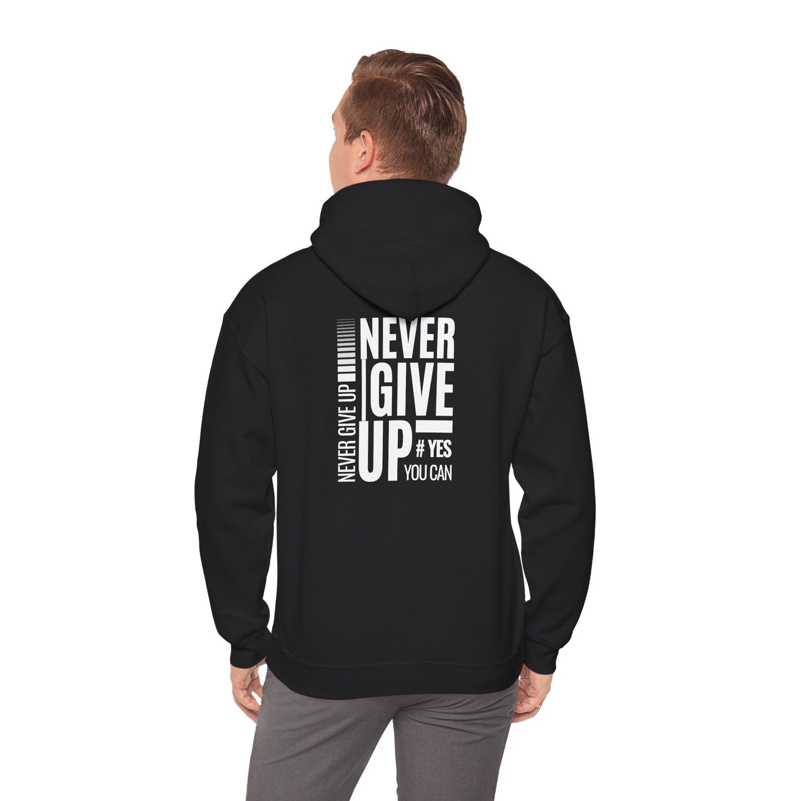 never give up unisex hoodie — motivational back print hoodie ("never give up — yes you can")
