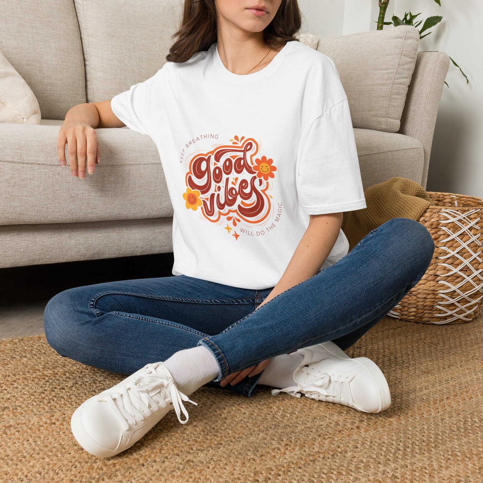 good vibes unisex t shirt — retro floral "keep breathing" graphic tee