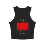 racer women's crop tank top — red grunge bar graphic crop with 'vibes' text