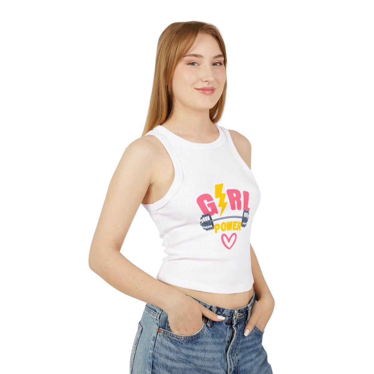 girl power racer wome's tank crop top — women's fitness crop with dumbbell & lightning design