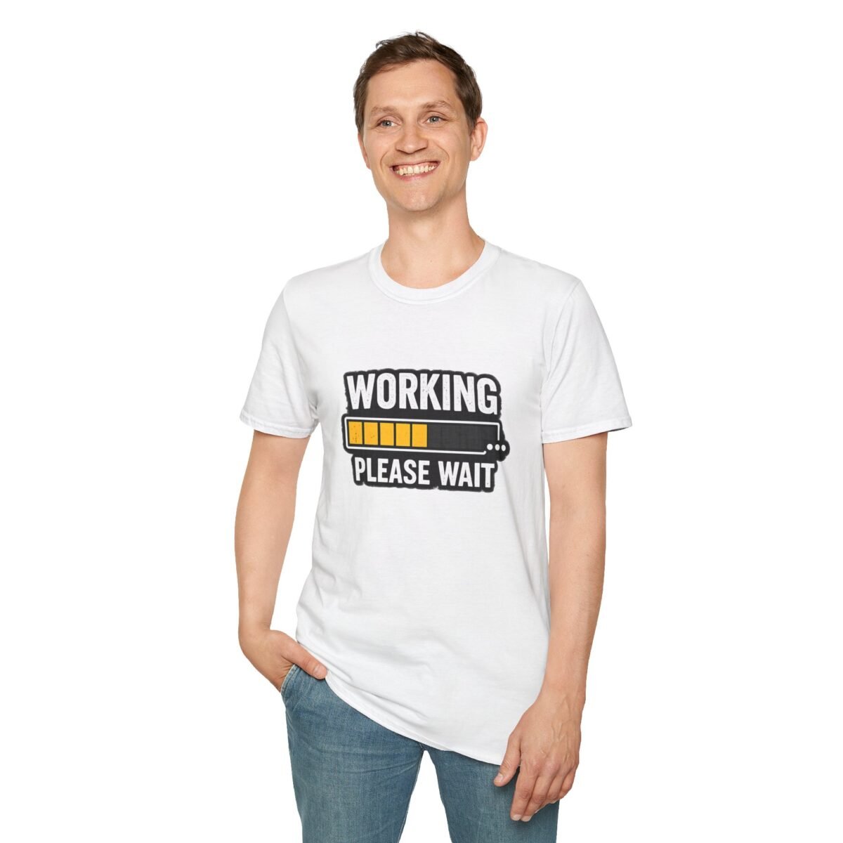 working please wait unisex t shirt — funny loading bar tee for remote workers & developers