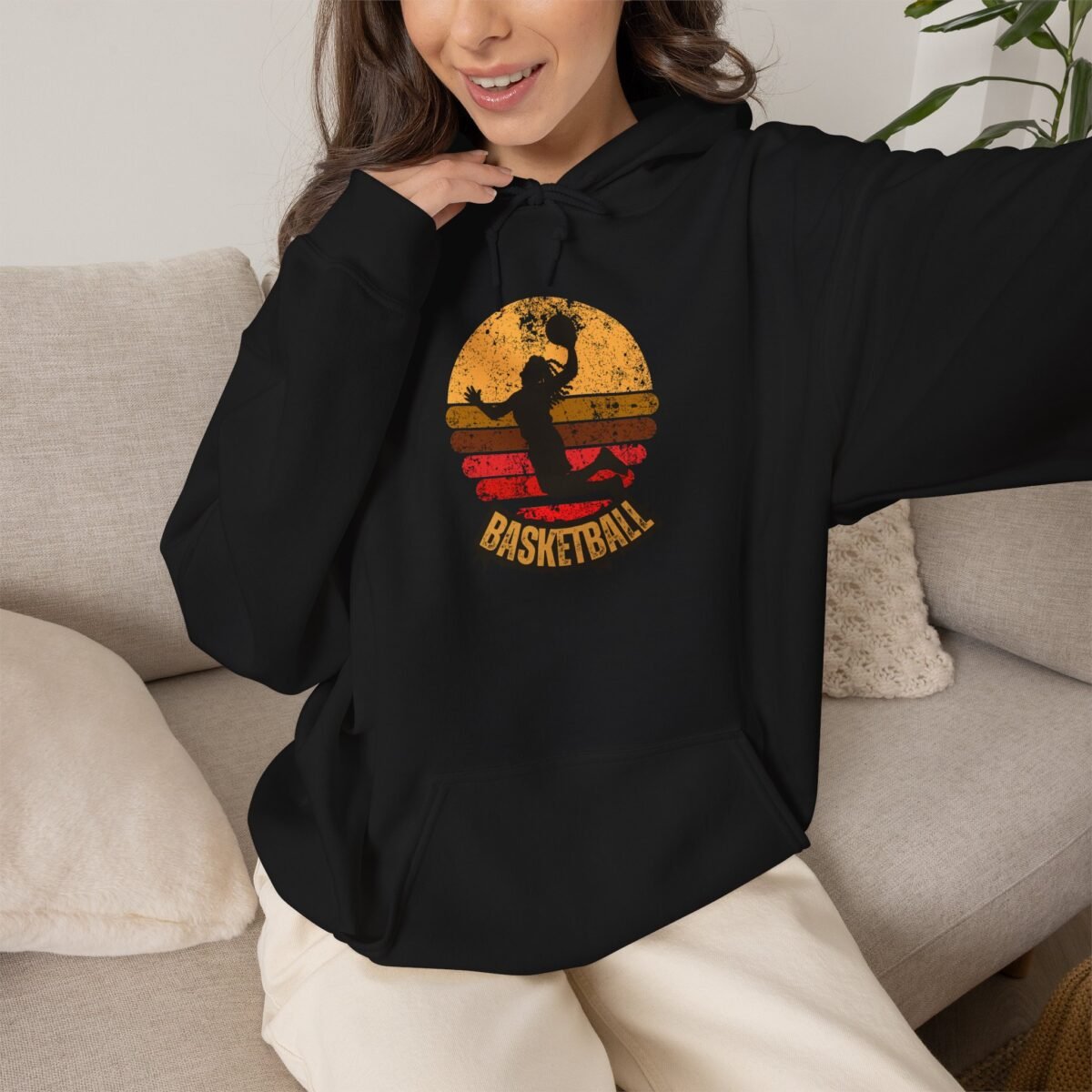 basketball sunset unisex hoodie — retro dunk silhouette pullover