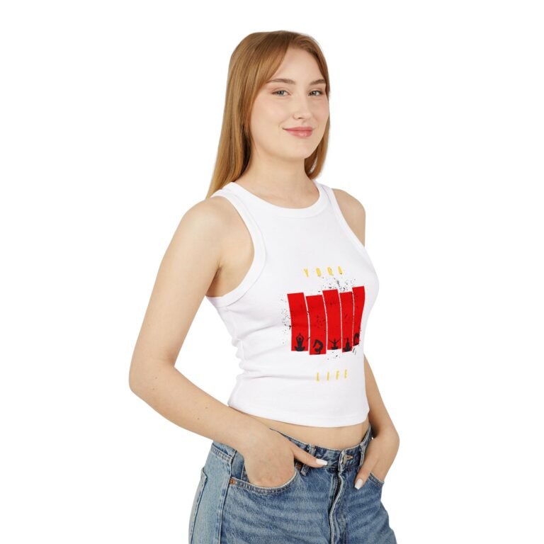 racer women's crop tank top — red grunge bar graphic crop with 'vibes' text
