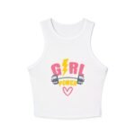 girl power racer wome's tank crop top — women's fitness crop with dumbbell & lightning design