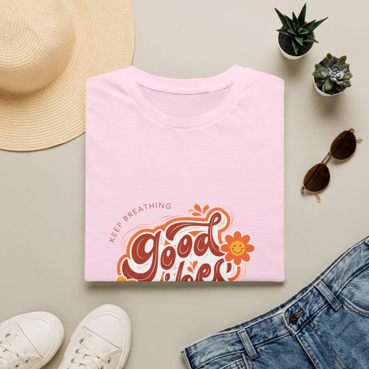 good vibes unisex t shirt — retro floral "keep breathing" graphic tee