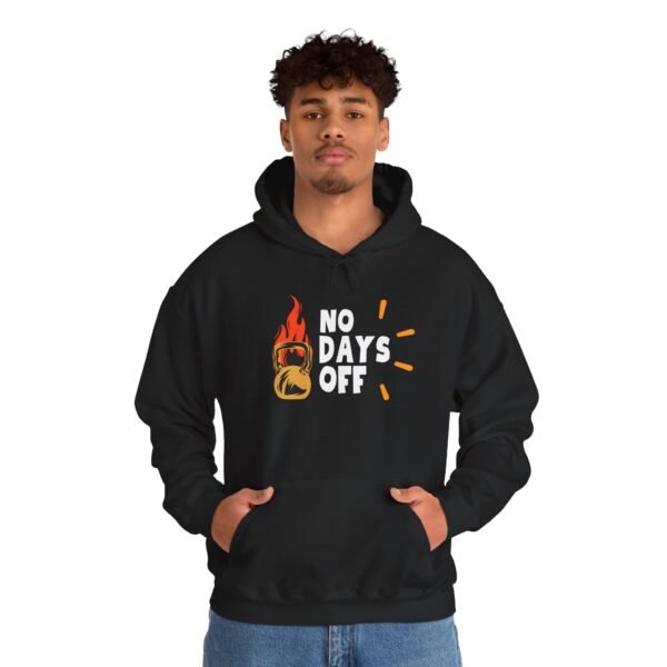 no days off unisex hoodie — motivational fitness pullover with flaming kettlebell