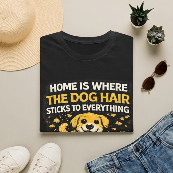 dog hair unisex t shirt — "home is where the dog hair sticks to everything" funny pet lover tee