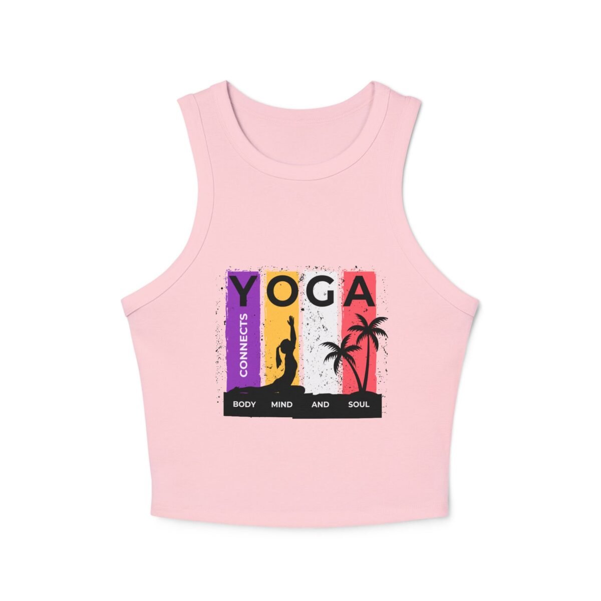 yoga racer women crop tank top — "connects body mind and soul" graphic