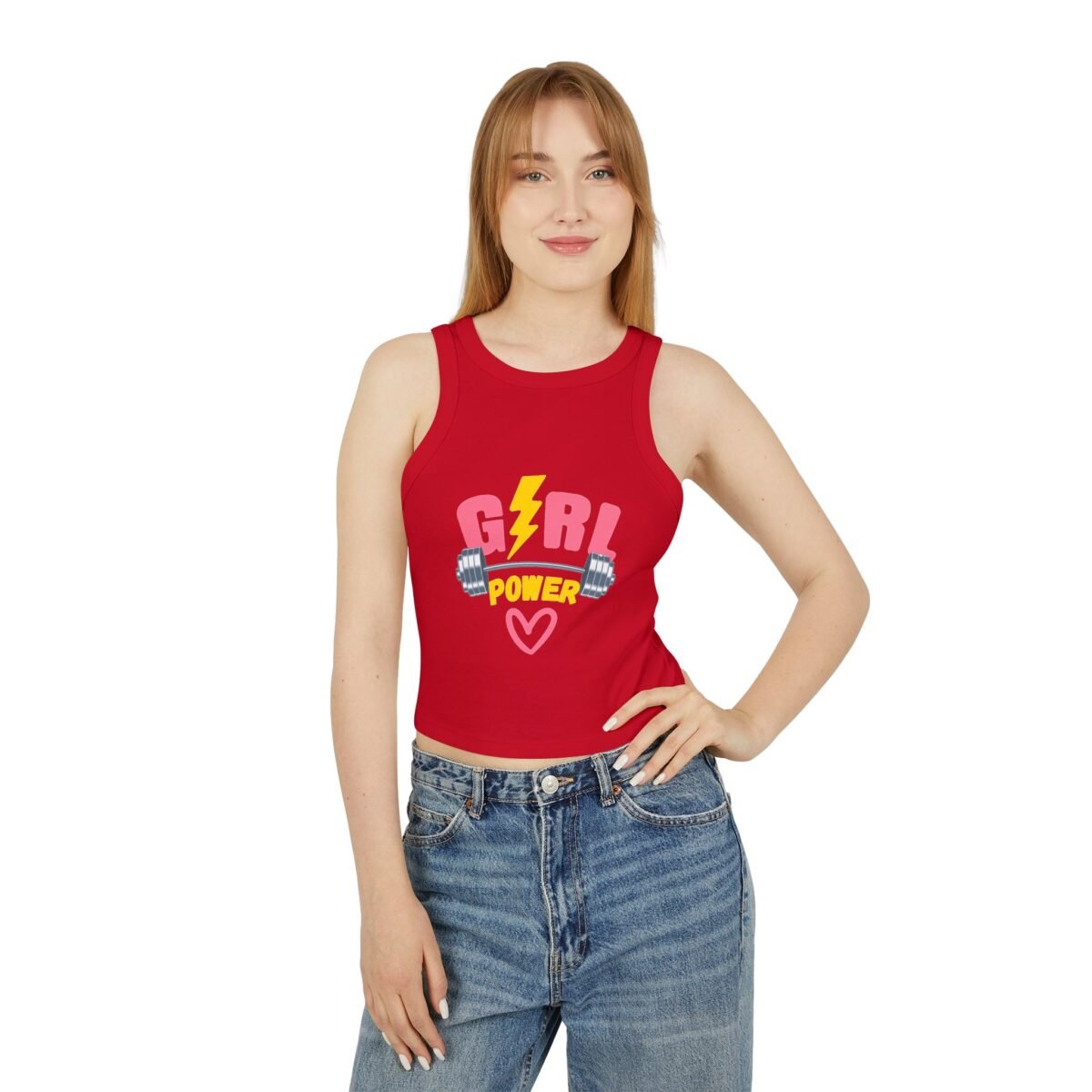 girl power racer wome's tank crop top — women's fitness crop with dumbbell & lightning design