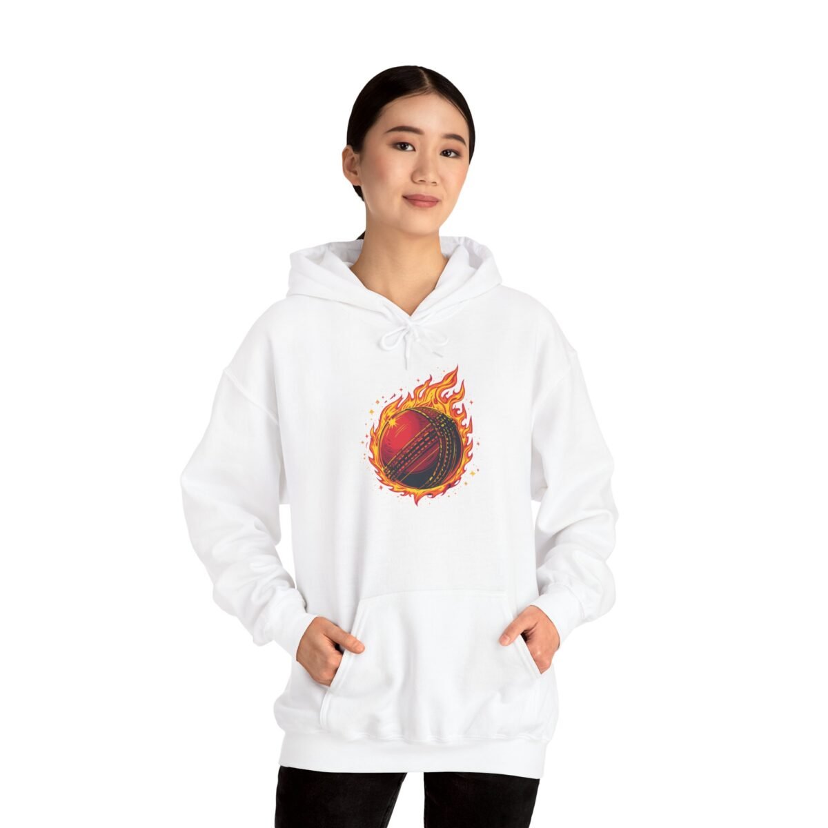 flaming cricket ball unisex hoodie — fire sports graphic sweatshirt