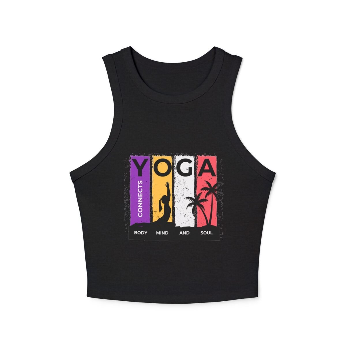 yoga racer women crop tank top — "connects body mind and soul" graphic