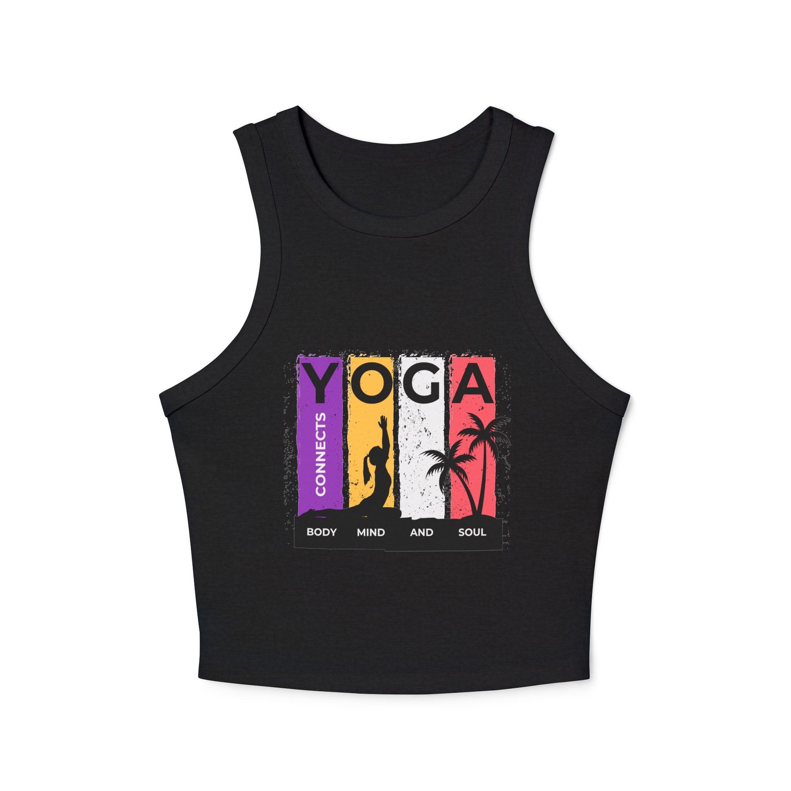yoga racer women crop tank top — "connects body mind and soul" graphic