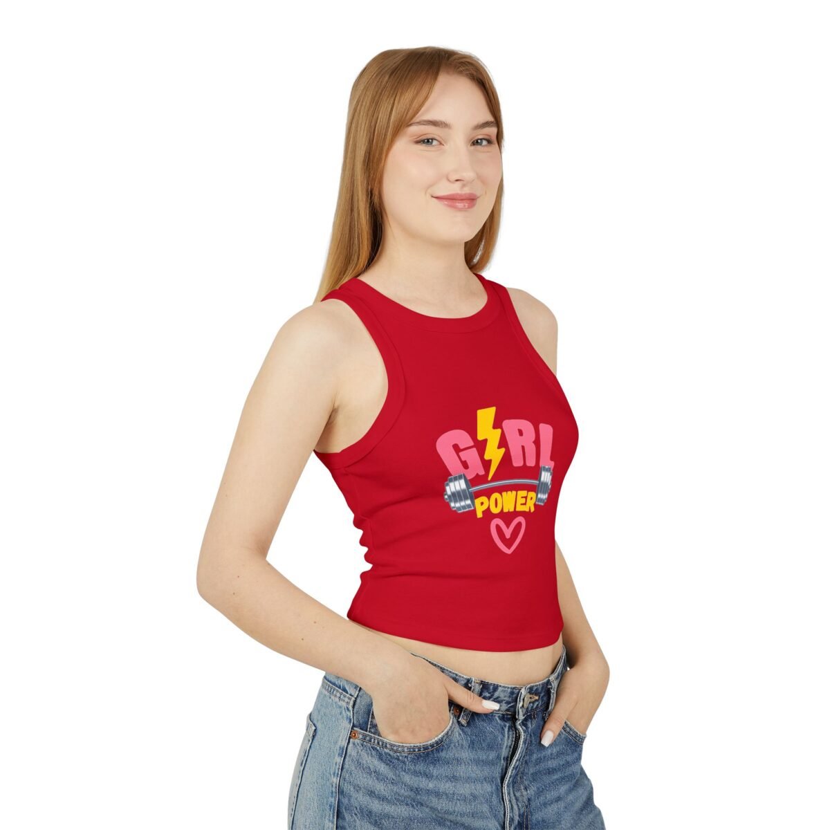 girl power racer wome's tank crop top — women's fitness crop with dumbbell & lightning design