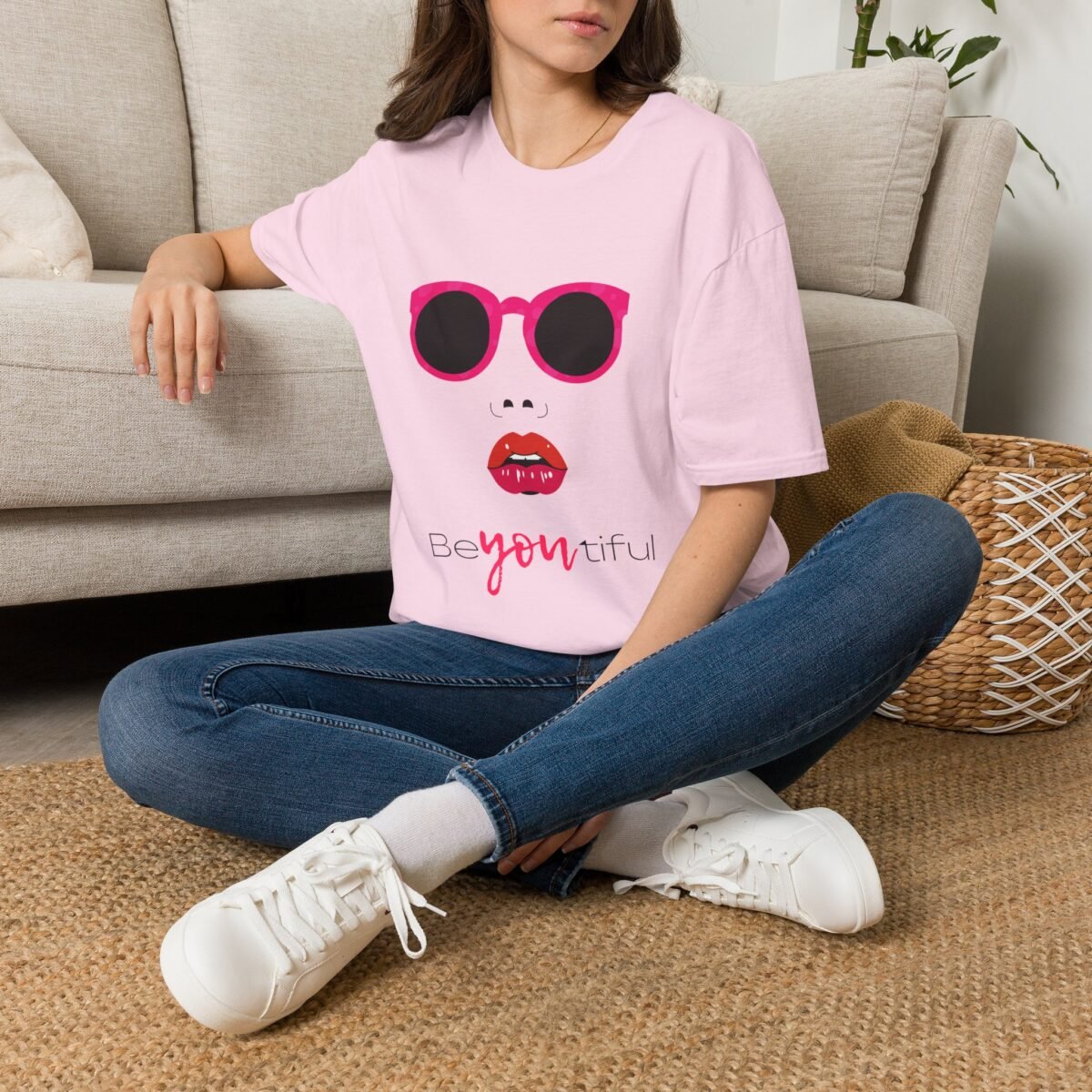 graphic women's t shirt — 'beyoutiful' pink sunglasses fashion tee