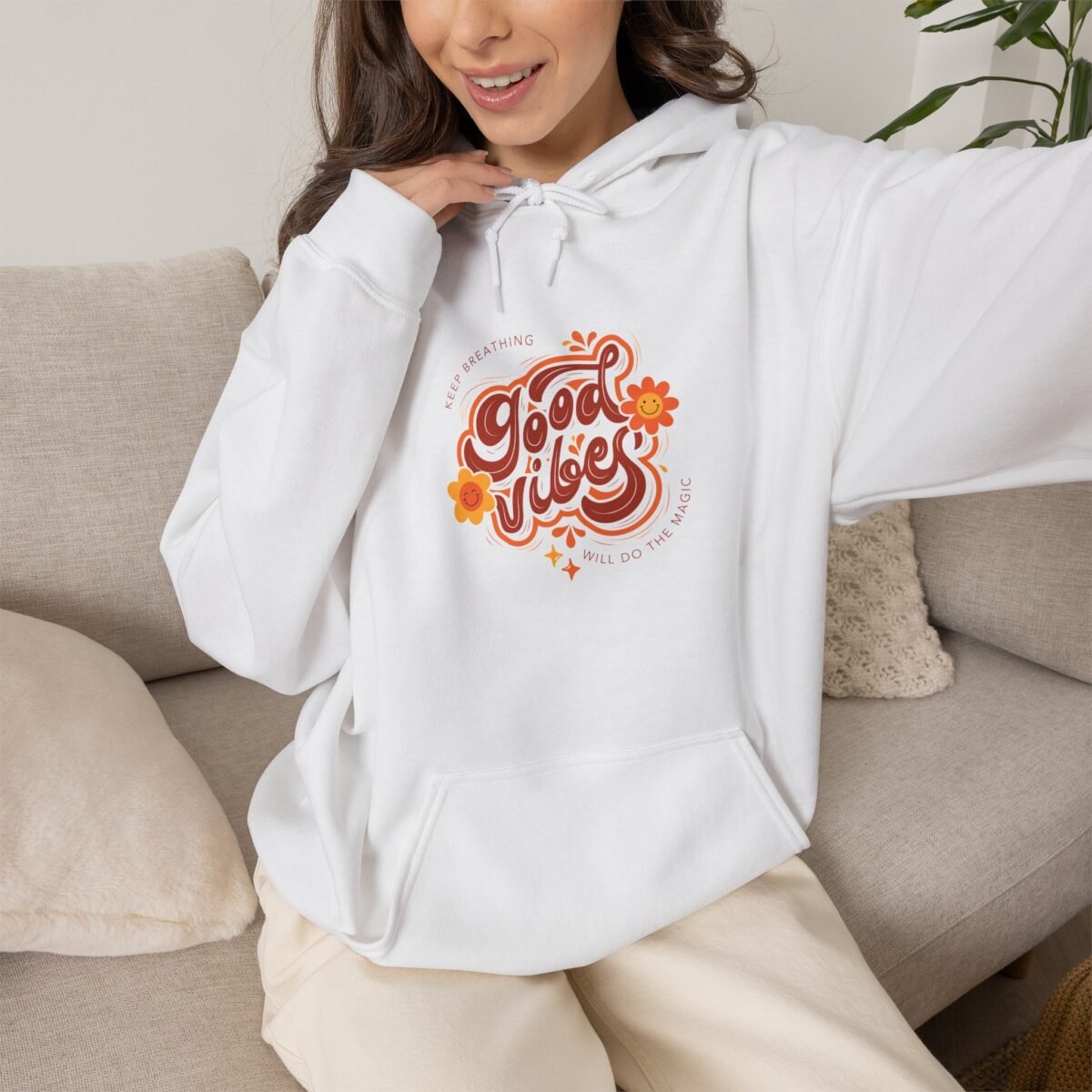 Good Vibes Unisex Hoodie – Retro Floral Graphic Hoodie - Image 2